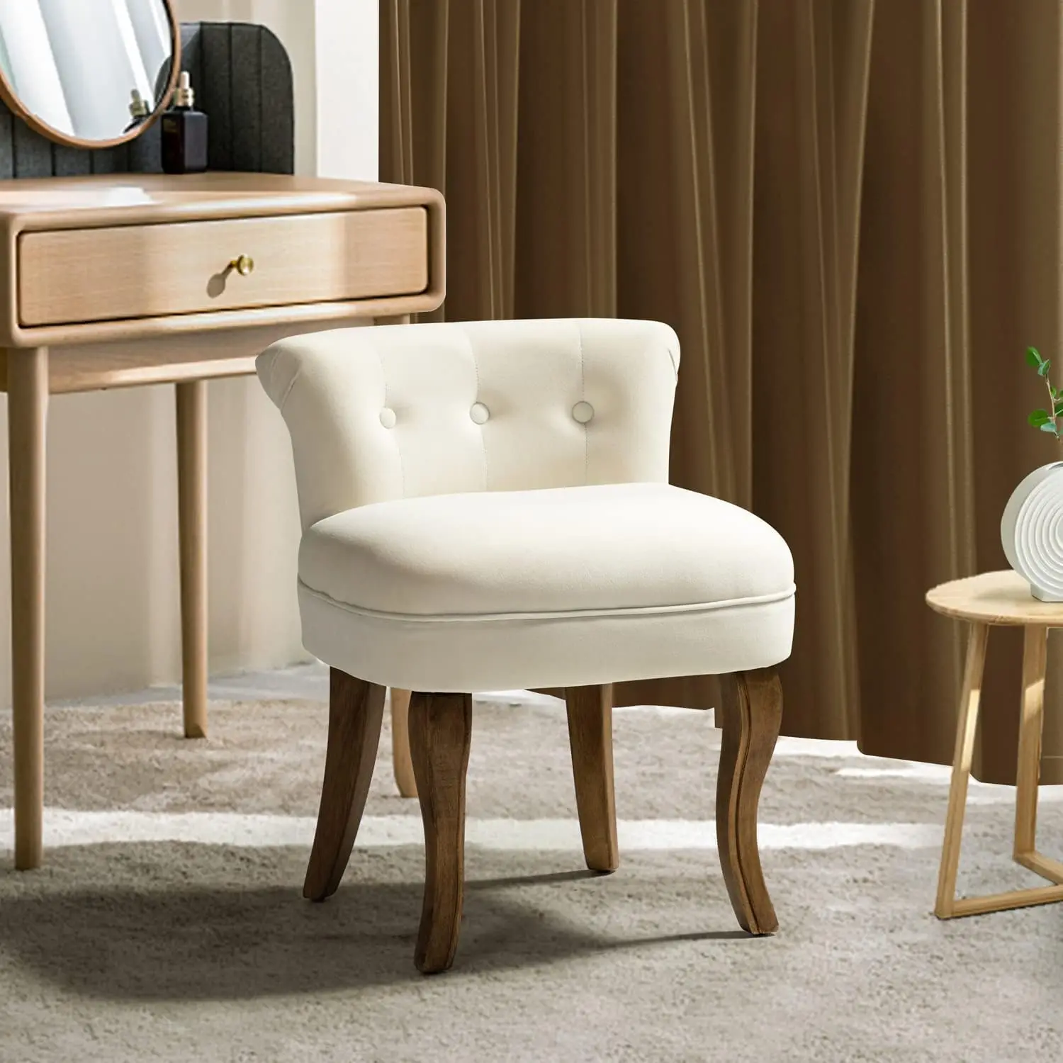 Velvet Vanity Stool with Low Back, Modern Vanity Chair with Solid Wood Legs, Small Upholstered Makeup Chair Home, Customized