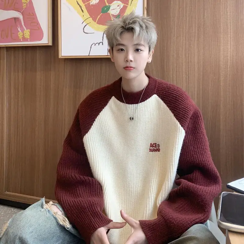 

Мужской свитер оверсайз 300 Pou с цветными вставками на плечах, в университетском стиле, вязаный, модный, мягкий, удобный, зимний