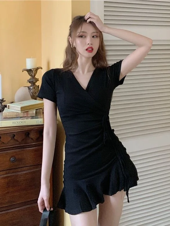 Summer 2026 Women's Fish Tail Skirt V-neck Drawstring Slimming Korean Style Casual Polyester Fiber A-line Dress