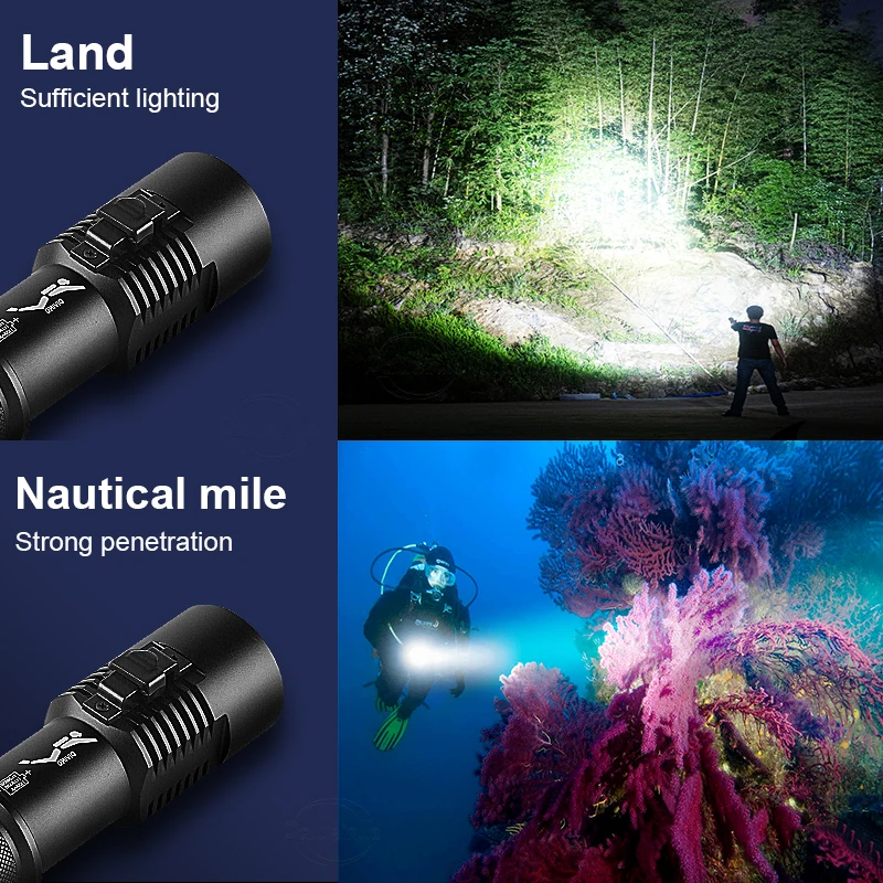 Diving flashlight charging strong light XHP70 focus long flashlight plastic waterproof submersible lighting at night submersible