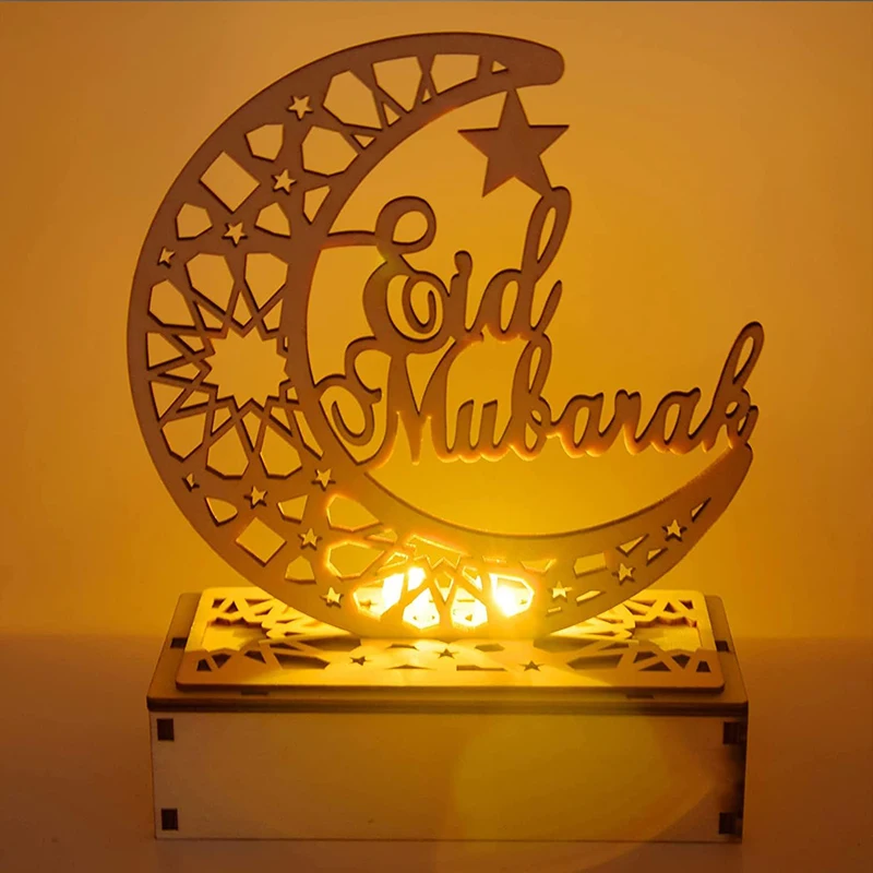 Handmade Wooden Moon Star LED Lights Decor Eid Crafts Night Light Muslim DIY wooden light for Eid Mubarak Table Decorations