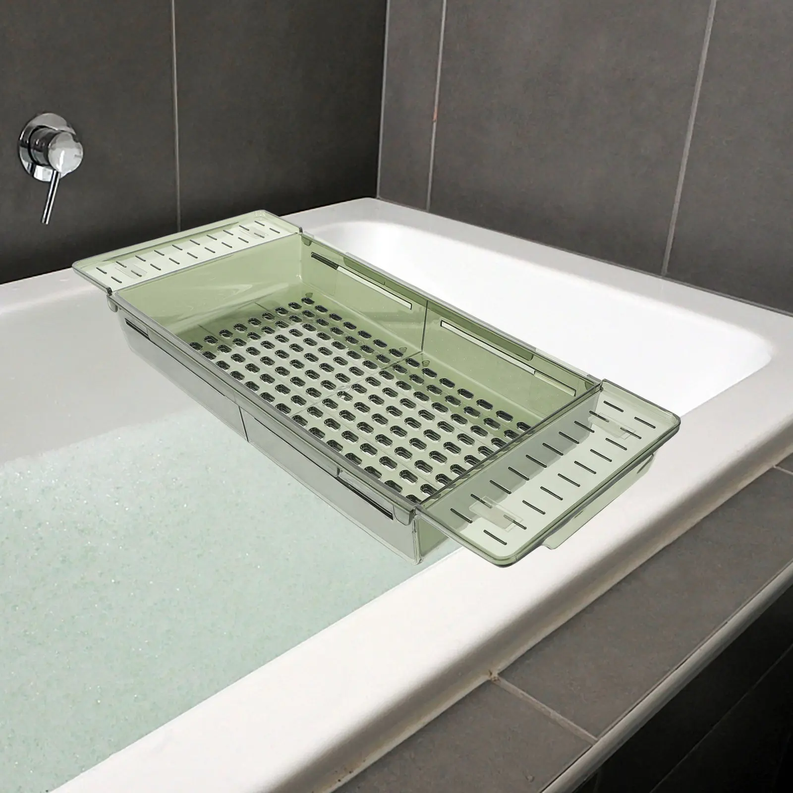 

Регулируемый поднос для ванны с противоскользящим покрытием, раскладывается, чтобы подойти большинству стандартных ванн, с местом для планшета, книг, журналов и полкой для хранения.