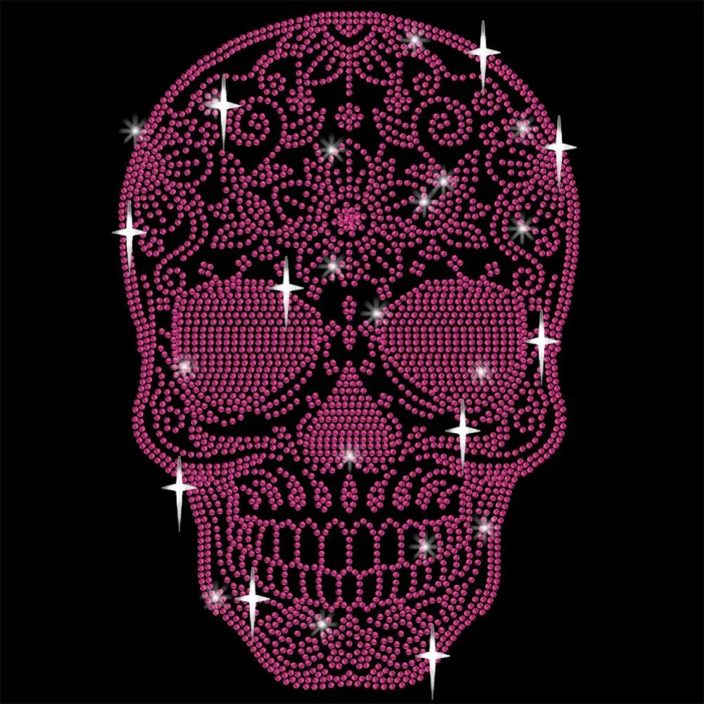 Bling Rhinestone Pink Skull Sticker Iron on Appliques Gemstone Border Sticker Glass Hotfix Rhinestone for Art Craft Clothing Car