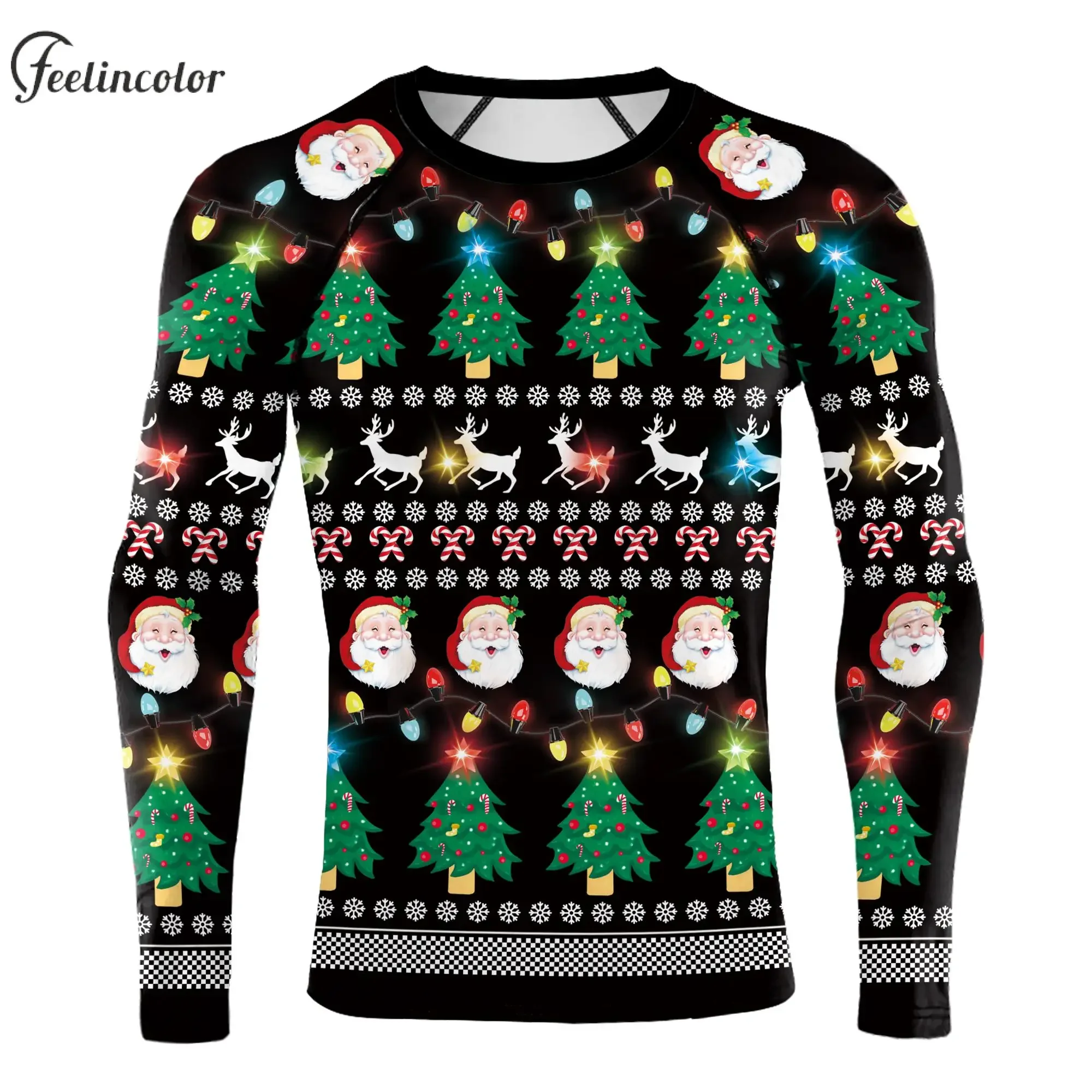 

Man Gym Shirts Green Christmas Long Sleeve Compression T-Shirt Male Fitness Top Holiday Party Clothes Vintage Pattern Streetwear