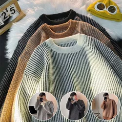 O Neck Knitted Pullovers Striped Sweater Men Long Sleeve Jumpers Spliced Loose Fit High Street 2024 Winter Standard Wool