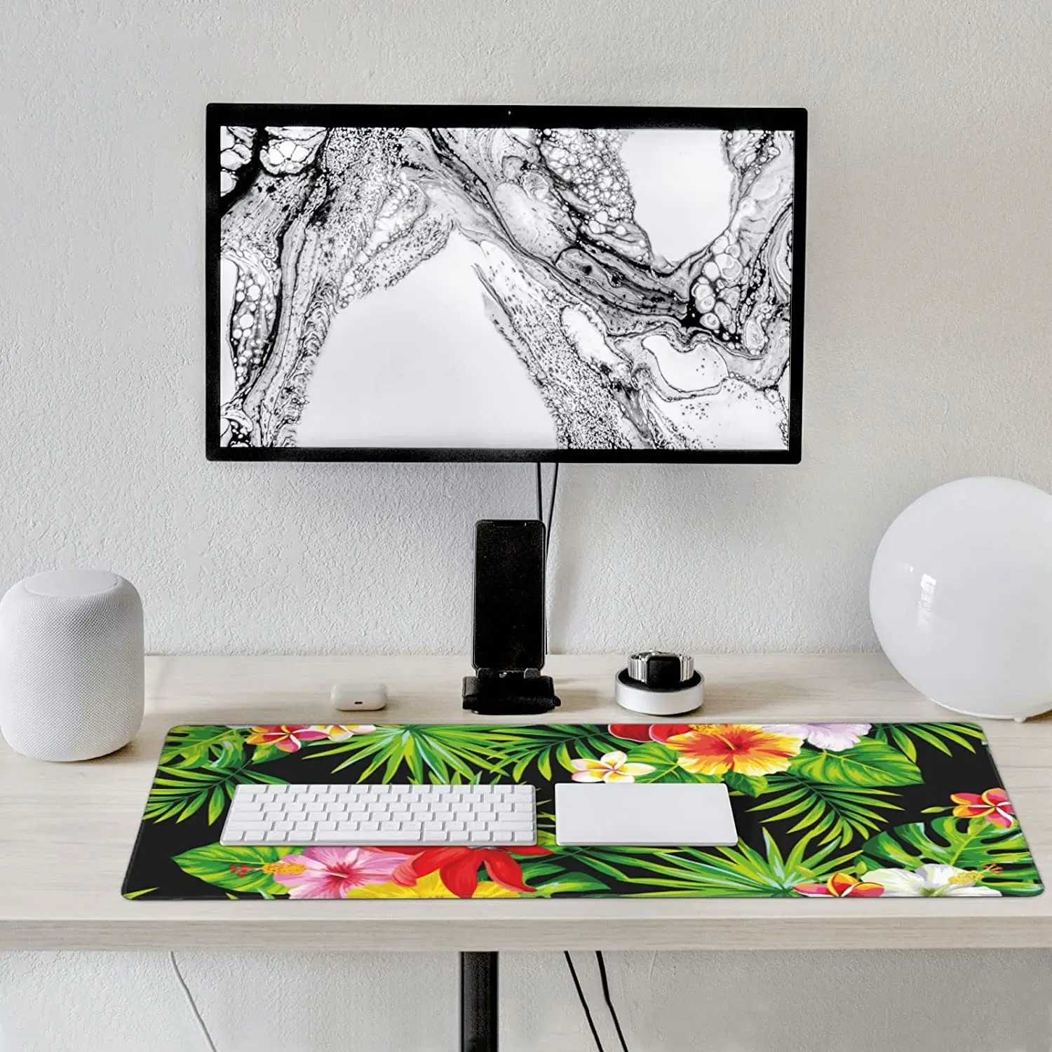 Palm Leaves Pink Flowers Mouse Pad Long Large Gaming Mouse Pad Gamer Office Home Keyboard Mat Desk Mat 35.4 × 15.7 Inches