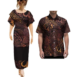 Couples Matching Puletasi Dress Hawaiian Shirt Polynesian Traditional Pattern Aloha Shirt Two-piece Dress Outfit