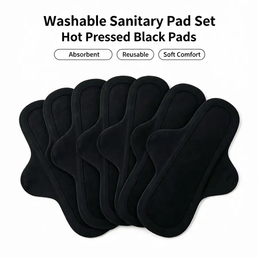 6Pcs Black Reusable Sanitary Pads Washable Heat Pressed Thin Breathable Leakproof Postpartum Menstrual Incontinence Care