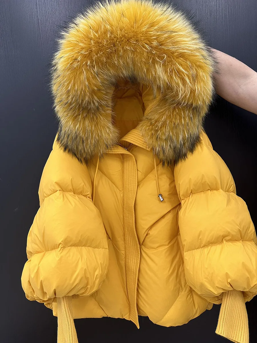 

Winter Natural Large Fur Collar Hooded Down Jacket Female Lantern Sleeve Warm Quilted Jacket Women Short White Duck Down Outwear