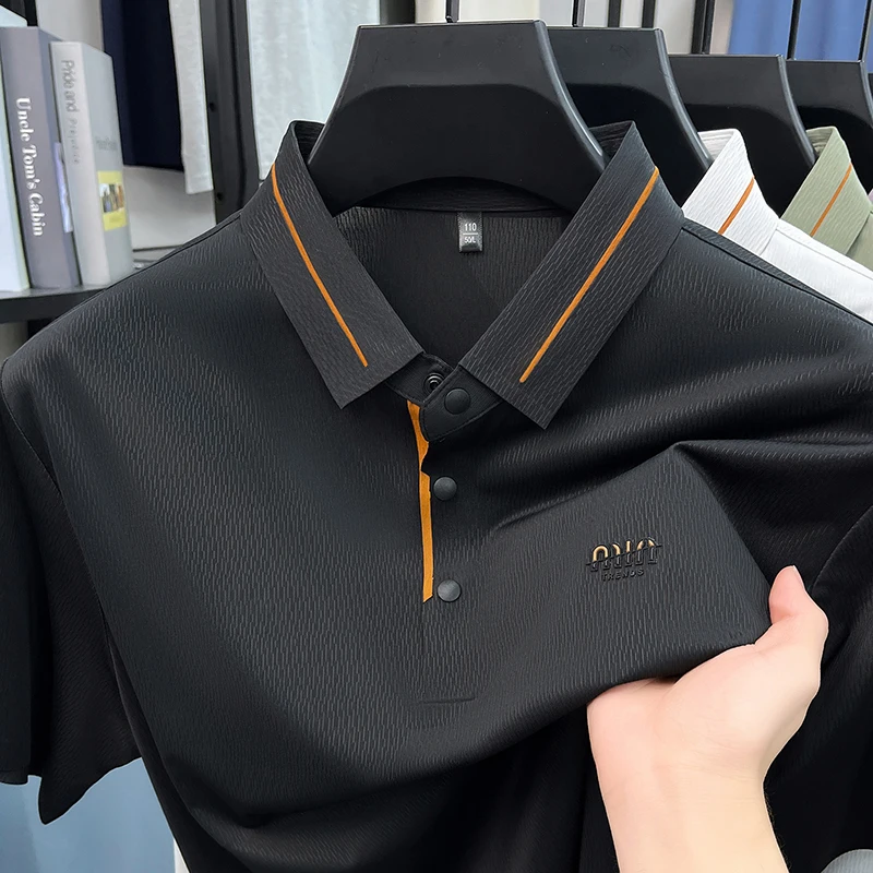Luxury brand ice silk short sleeve polo shirt men's summer fashion letter embossed comfort breathable leisure high-end T-shirt