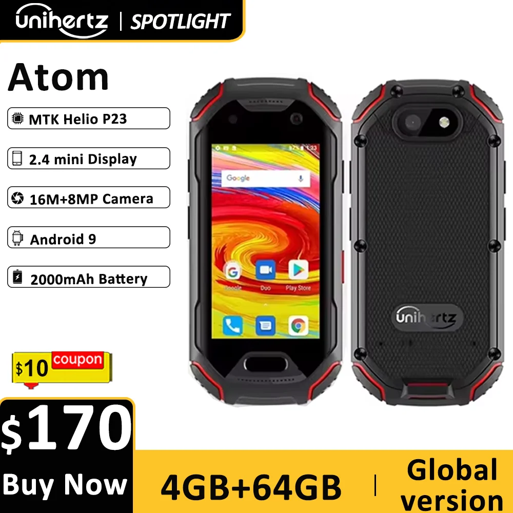 Unihertz ATOM Mini Rugged Smartphone 4GB 64GB Android 9 Octa Core 2.45 inch Unlocked Cellphone 2000mAh NFC