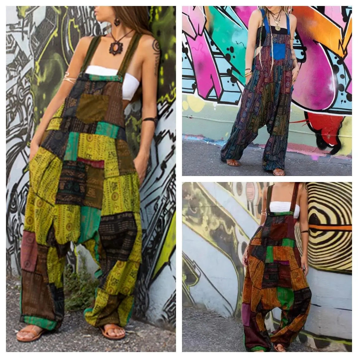 

Women's Hippy Patchwork Ethnic Print Sliml Harem Pants Low Waist Long Polyester Fiber Winter Faion Ladies Jumpsuits