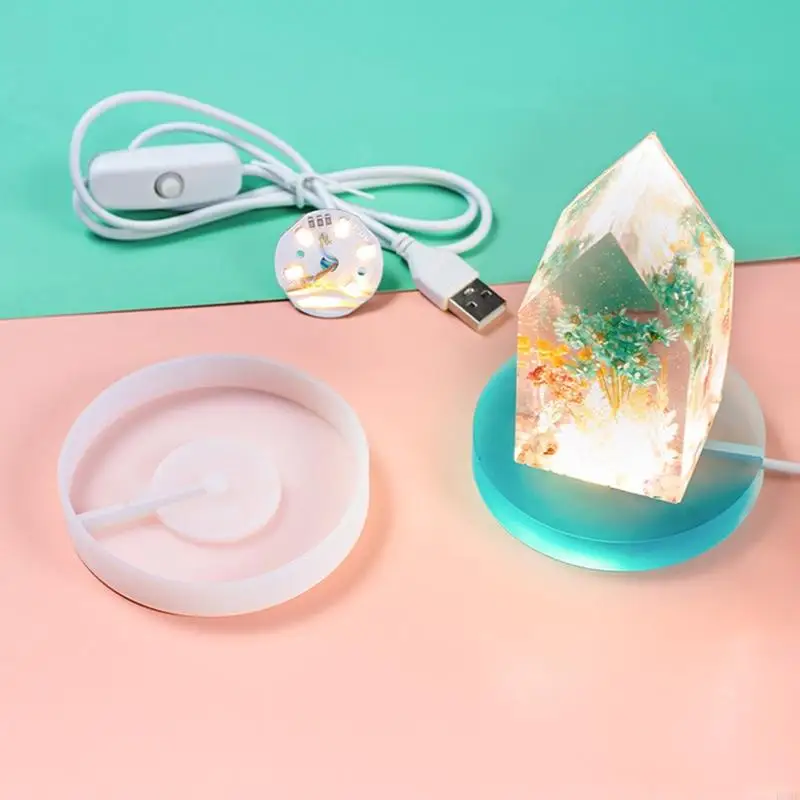 R3MC Silicone Mold with LED Light Set for Resin Crafts DIY LED Lights Display Base Round Square Lighted Stand for Crystal Art