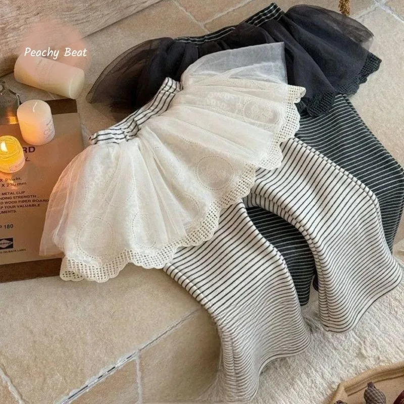 

Модные тюлевые хлопковые штаны для маленьких девочек, зима-осень, теплые толстые расклешенные брюки в полоску для малышей, одежда для малышей, От 18 месяцев до 12 лет