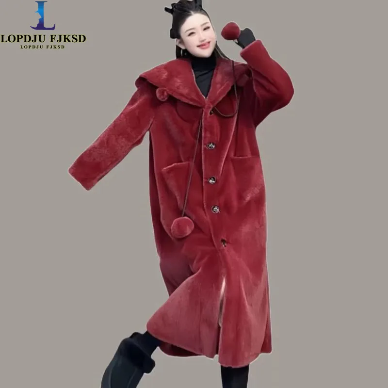 Abrigo de lana navideño para mujer, chaqueta roja con cuello vuelto, puños de piel sintética, ropa femenina elegante, alta calidad, Otoño Invierno