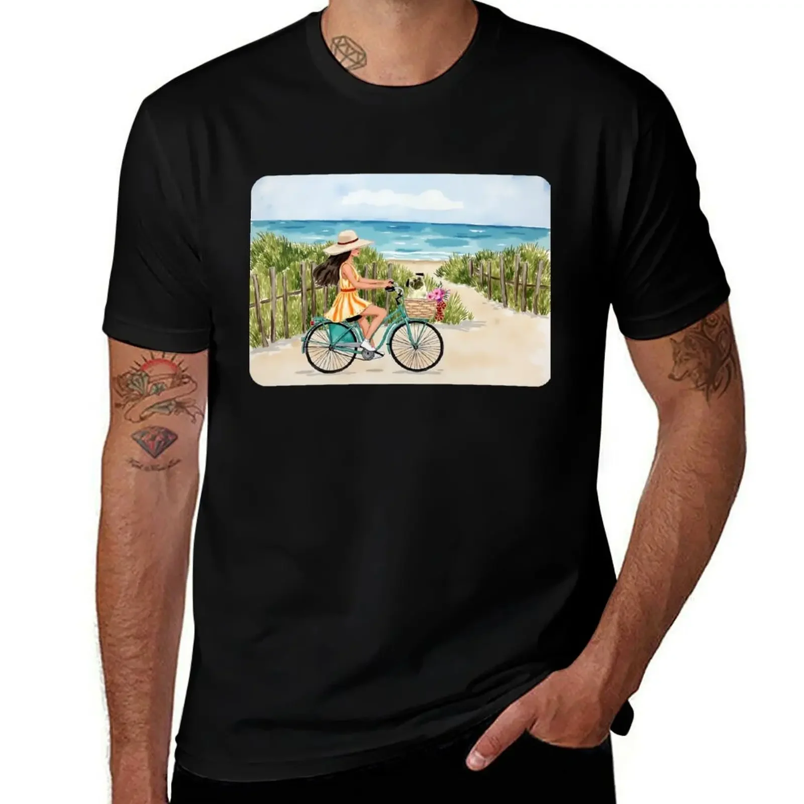 

Bike by the beach Watercolor T-Shirt summer shirt rapper graphic tees shirts graphic funny shirt cotton plus size men clothing