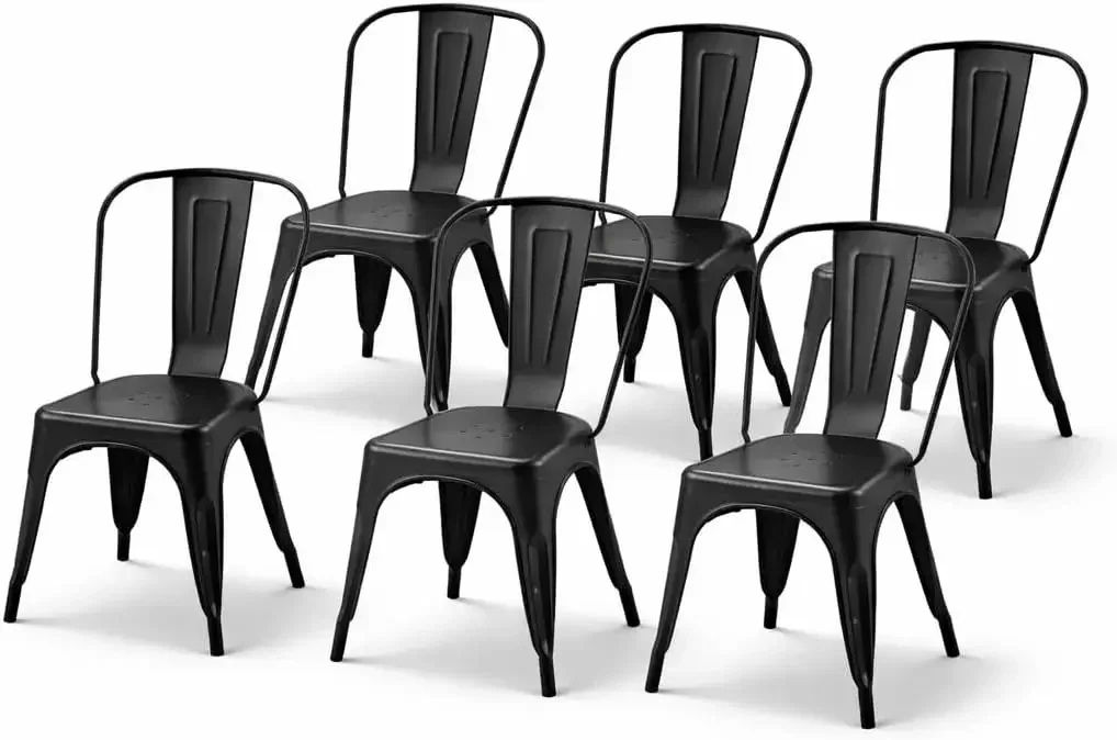 Six Metal Dining Chairs Stackable Iron Indoor Outdoor Matte Midnight Black Kitchen Restaurant