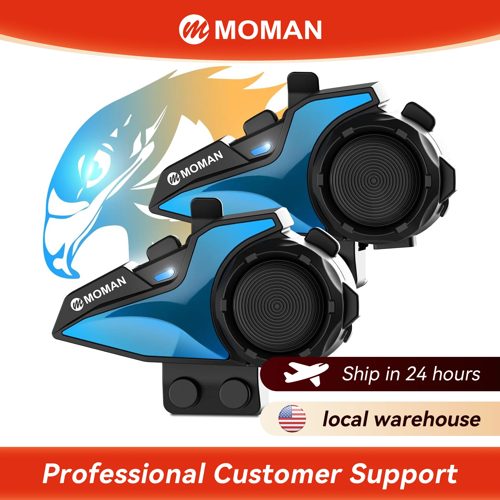 Motorcycle Intercom Bluetooth Helmet Headset H2E Eagle-Like Communication System Dual Chips for Audio Multitasking HiFi Sound