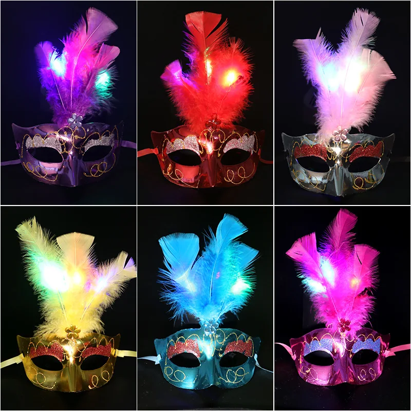 1 Pcs Prom Party Halloween Glowing Feather Butterfly Mask Fiber Mask Party Fluff Ball Feather Mask Luminescence Half Face Mask