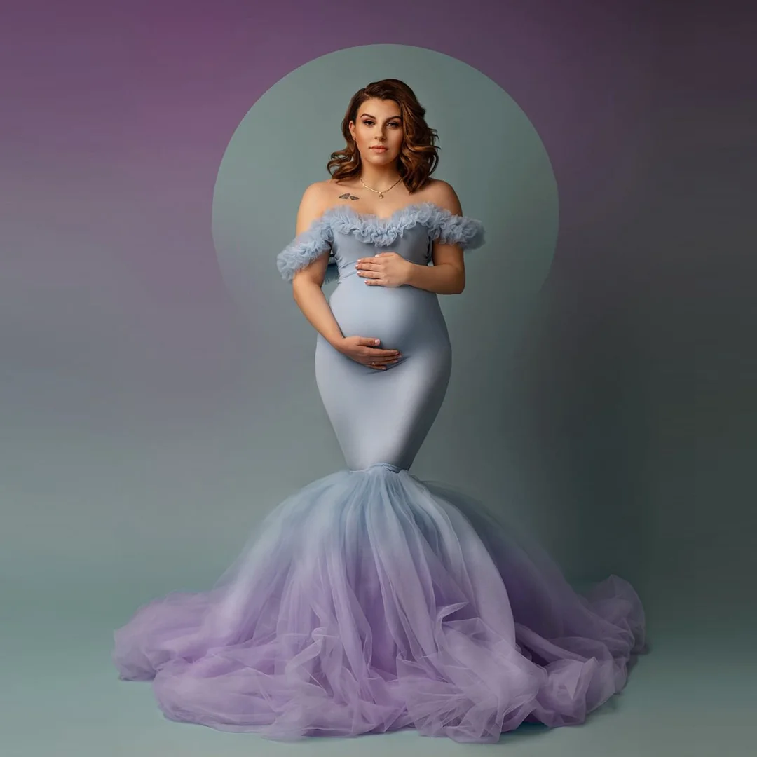 

New Arrive Off Shoulders Stretchy Spandex Fabric Maternity Dress Gradient Color Tulle Bottom Mermaid Robes Preganct Photo Shoot