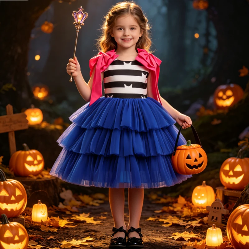 Girls Halloween Tutu Dress Cartoon Cat Striped Top Big Bow Shoulder Blue Layered Tulle Dress Kids Carnival Cosplay Party Dress