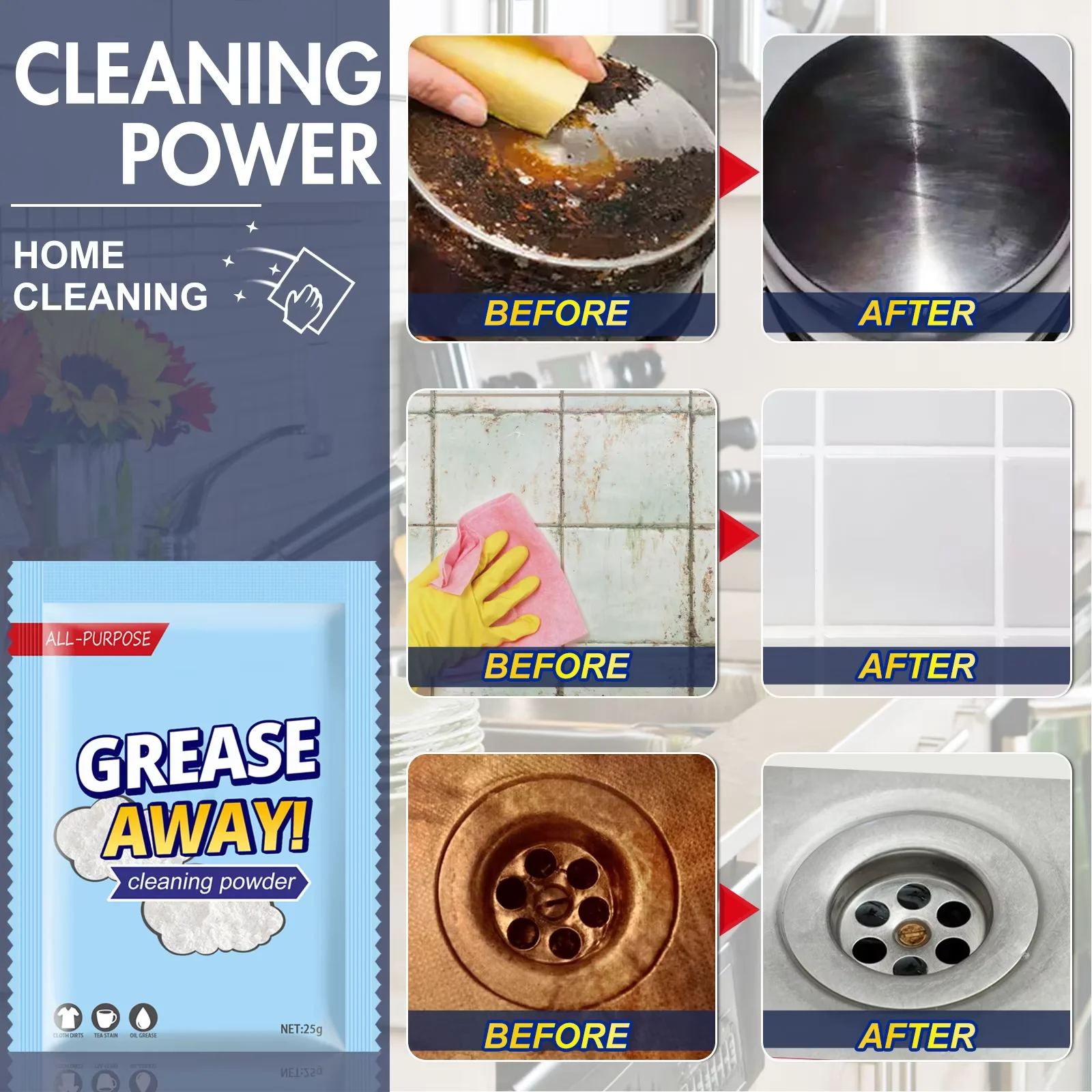 Grease Away Powder Stainless Steel Cleaner Multi-functional Purpose Stain Remover Pot Pan Degreaser All Purpose Cleaning Powder