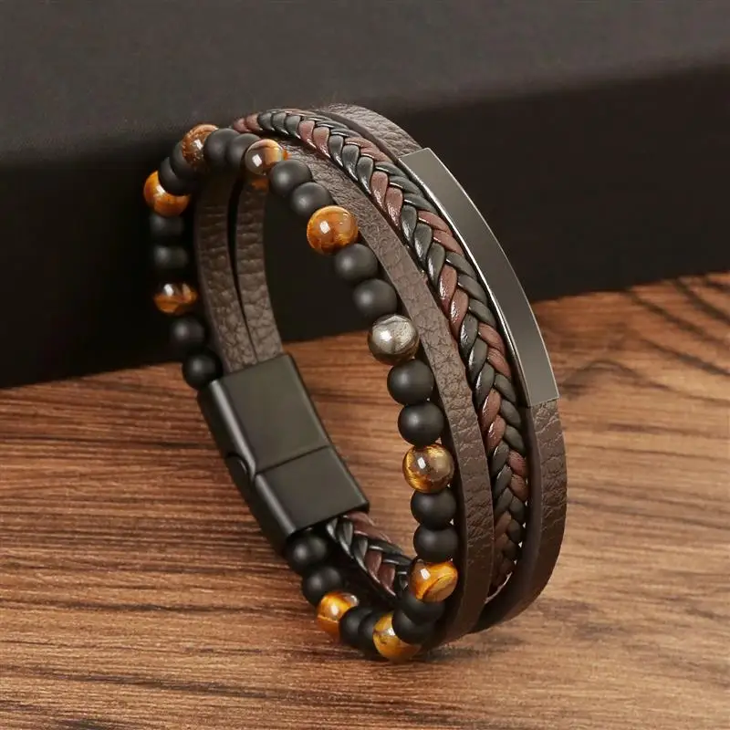 Hot Sale High Quality Leather Bracelet Men Classic Fashion Tiger Eye Beaded Multilayer Leather Bracelet For Men Jewelry Gift