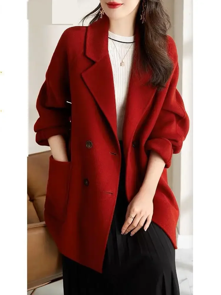 

Высококачественное двустороннее кашемировое пальто, женская двубортная Повседневная осенне-зимняя шерстяная куртка, женская короткая верхняя одежда