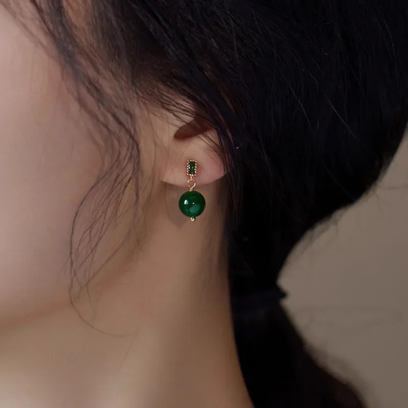 Minar Wholesale Green Color Jade Natural Stone CZ Cubic Zirconia Drop Earrings for Women 14K Real Gold Plating Copper Jewelry