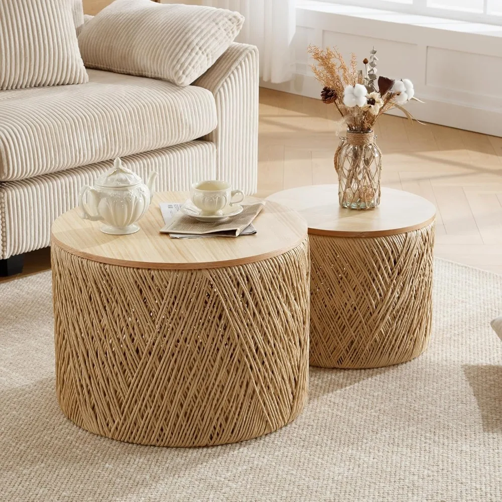 

24 Round Wood Nesting Coffee Table Set of 2 Handcraft Woven & Rope Rattan Sofa Tables Both with Storage Drum End Side Table