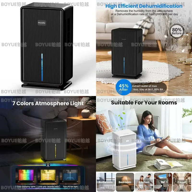 Portable Dehumidifier for Home Bathroom 750 Sq Ft 100oz Capacity Auto Shut Off Sleep Mode 7 Color Night Light Quiet Operation
