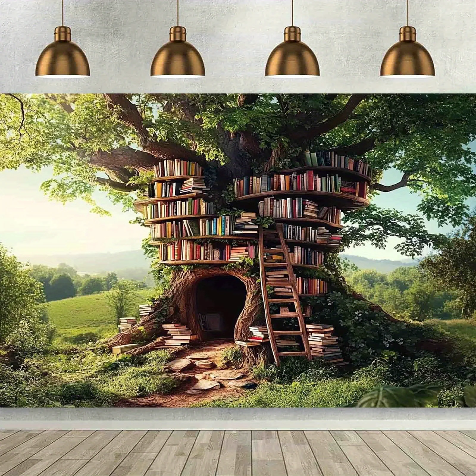 2D Plan 1 Magic Forest Library Background - A magical tree house with bookshelves, ladder and cozy reading corner