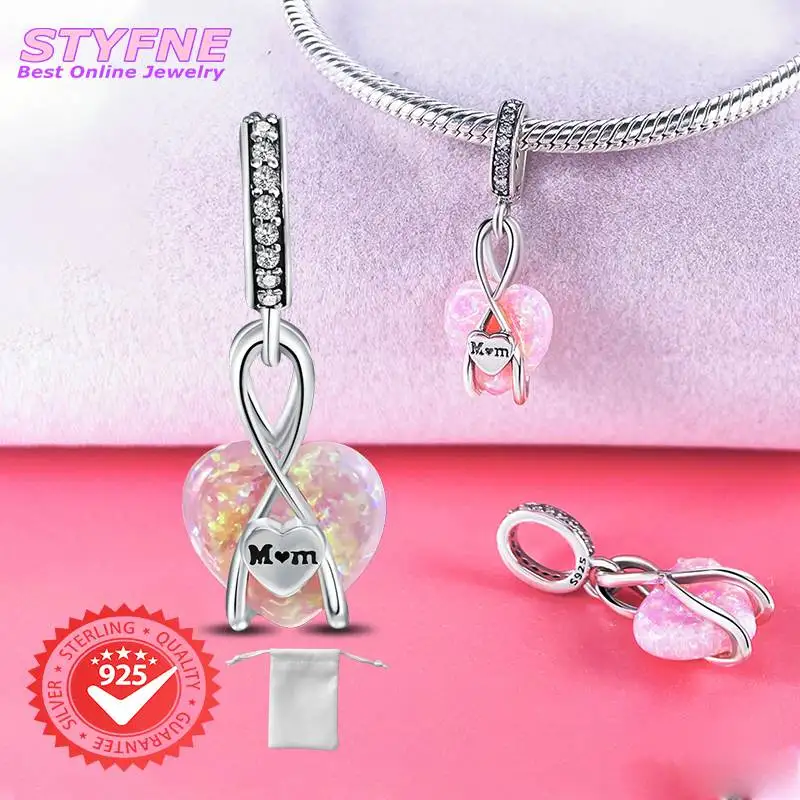 925 Sterling Silver Mother's Day Pink Heart Shaped Pendant Beads Fit Pandora Original Bracelet Charms Beads Women's Jewelry Gift