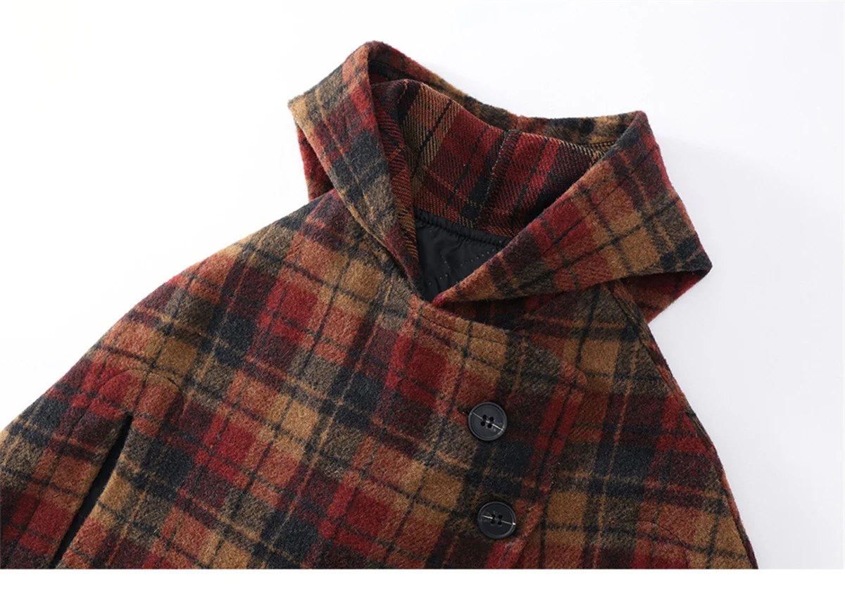 Trench-coat en coton épais pour filles, chapeau pointu, pince à carreaux, manteau en tweed, cape, automne, hiver, nouveau, 2024