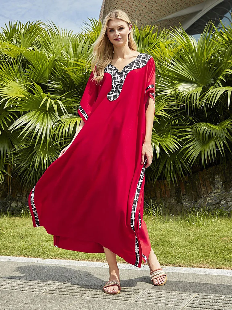 

2023 Beach Cover Up Swimsuit Kaftan Women Fashion Neckline Print Tunic Long Dress Bikini Cover Up Pareo Beachwear Saida De Praia