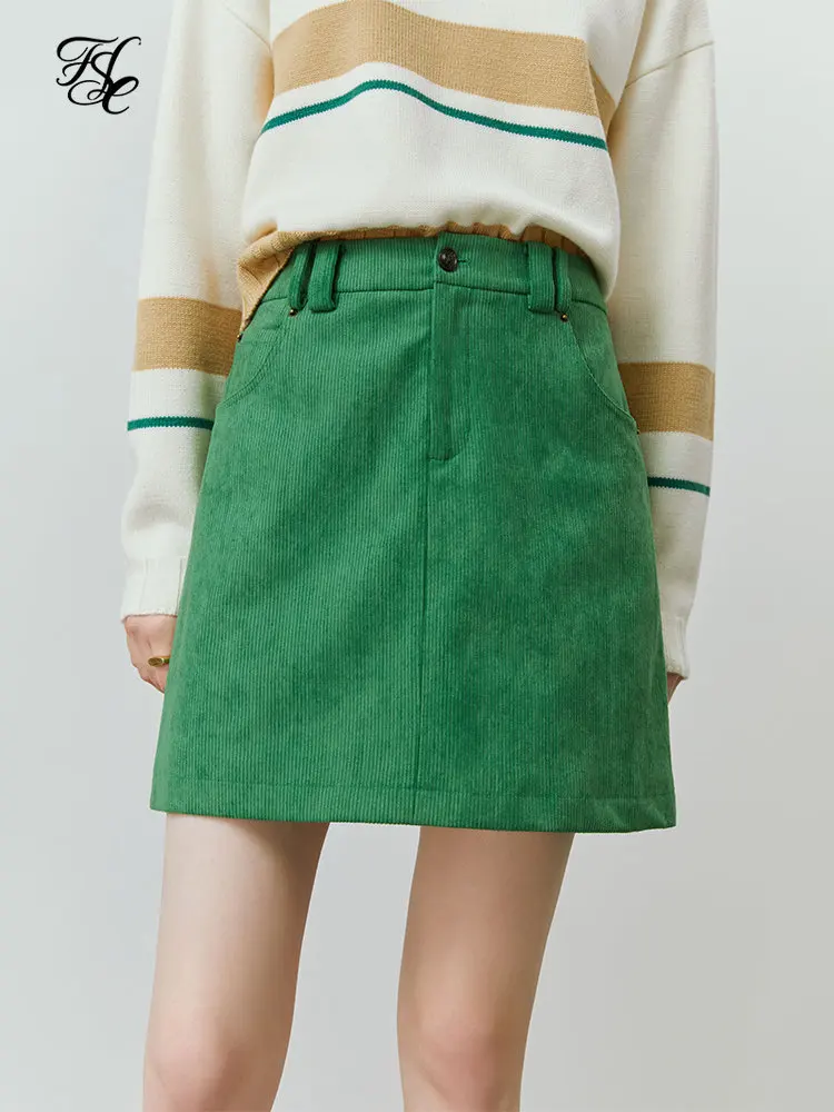 

FSLE Women Winter Corduroy A-line Skirt High Waist Thicken Above-Knee Length Women Solid Skirts Retro Green Commuter Bottom