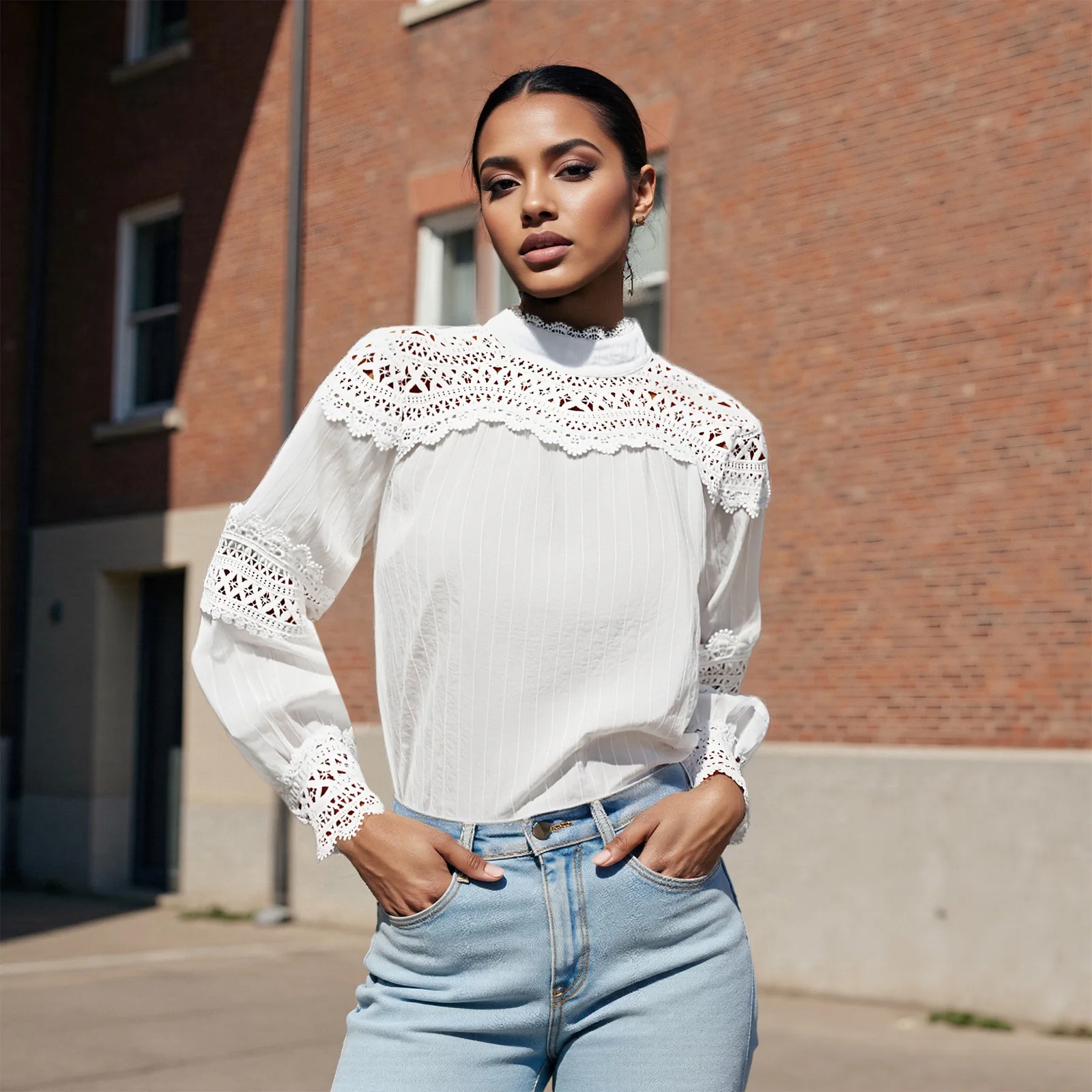 여성용 봄 가을 솔리드 컬러 캐주얼 셔츠 긴 소매 모크넥 크로셰 컷아웃 레이스 트림 블라우스
