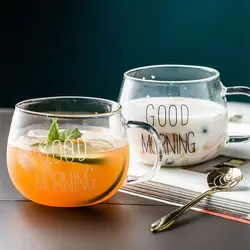 Transparent Large Capacity Glass Cup Round Empty Milk Coffee Glass Good Morning Letter Printing Tea Juice Drinkware with Handle