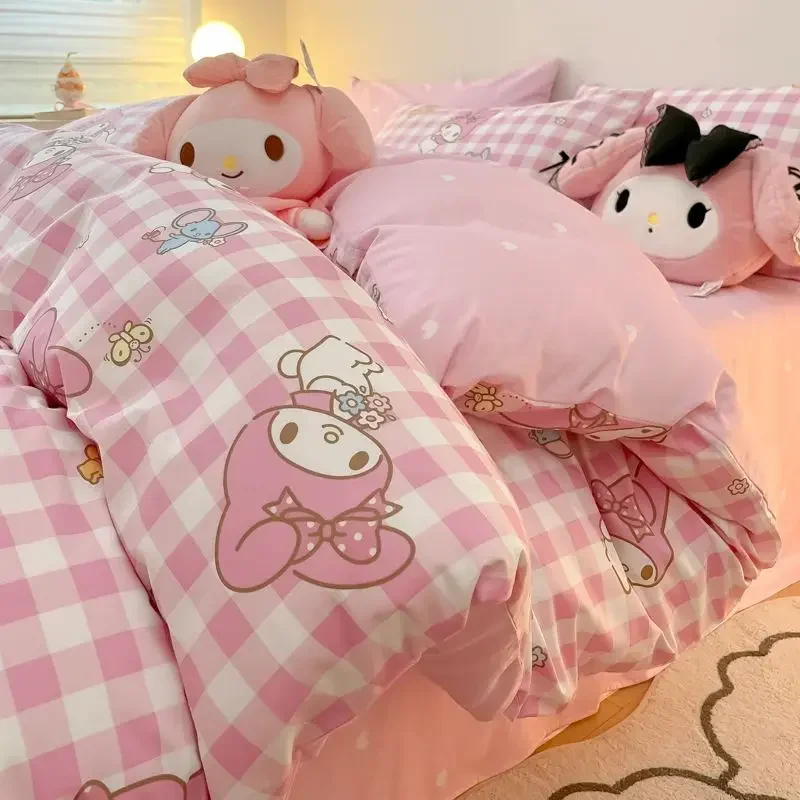 New sanrio pink grid My melody anime cartoon cotton children's bed sheet three-piece set girl's heart quilt cover four-piece set