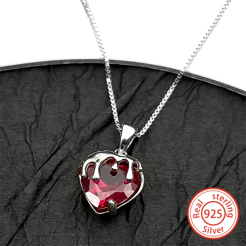

Y2K Luxury Red Heart Chain 925 Sterling Silver Women Crystal Simple Love Clavicle Birthday Party Anniversary Gift Jewelry mujer