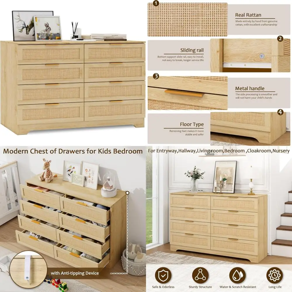 Modern Rattan Boho Style Double Wicker Dresser for Bedroom Storage