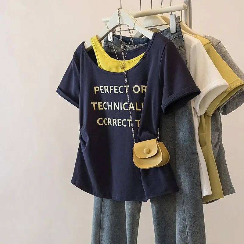 Plus Size False Two-piece Letter Print Casual Tops Women Clothing Short Sleeve Off Shoulder Trend T Shirts Fashion Trend Summer