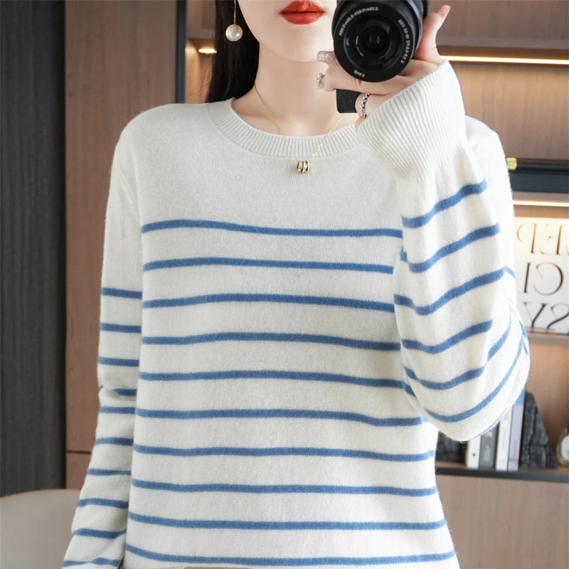 Spring And Autumn Striped Sweater Women\'s New Loose Crew-Neck Pullover Long Sleeve With Bottom Wool Sweater2024