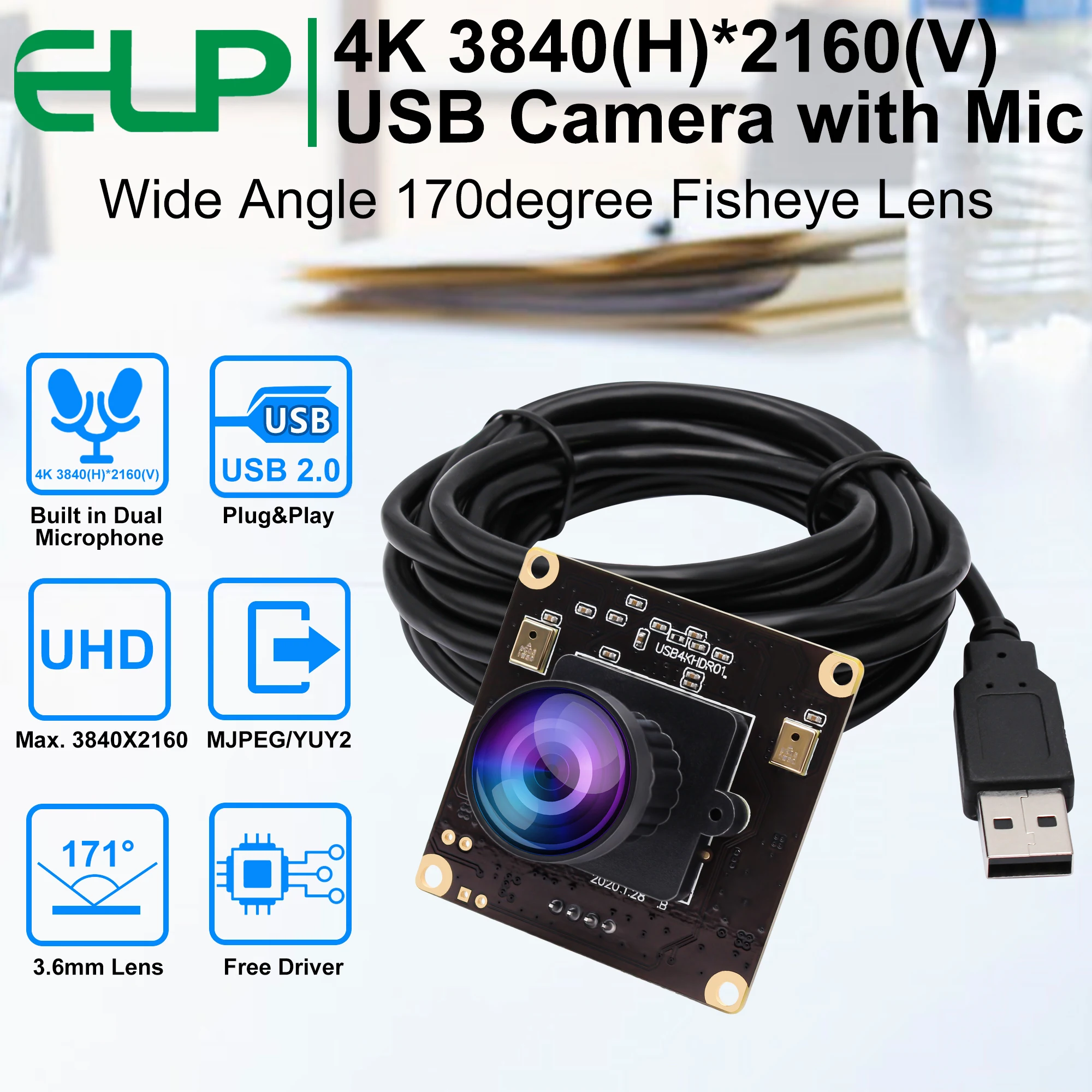 Fisheye 4K USB Camera Module Mini CMOS IMX317 Machine Vision USB Webcam With Microphone for Raspberry Pi Laptop