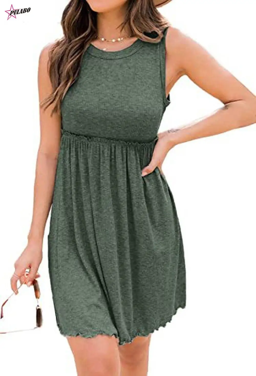 

PULABO Female Fashion Green Crew Neck High Waist Short Prom Women Vest Summer Sleeveless Mini Ruffle Beach Vestidos Female robe