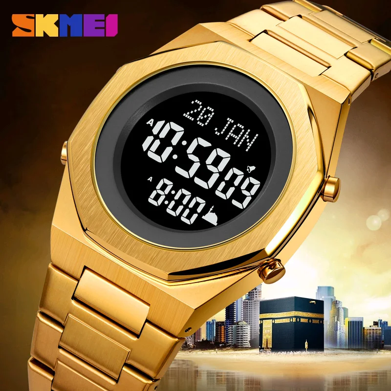 SKMEI Muslim Digital Watchfor Man Qibla Name Display Philgrimage Time Reminder Luxury Stainless Steel Fashion Men\'s Wristwatch