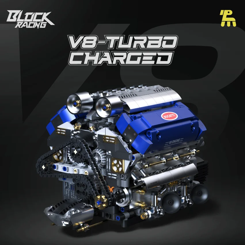 

V8 engine supercar turbo charging motor model building block assembly MOC motor power automotive parts mechanical motorchildren