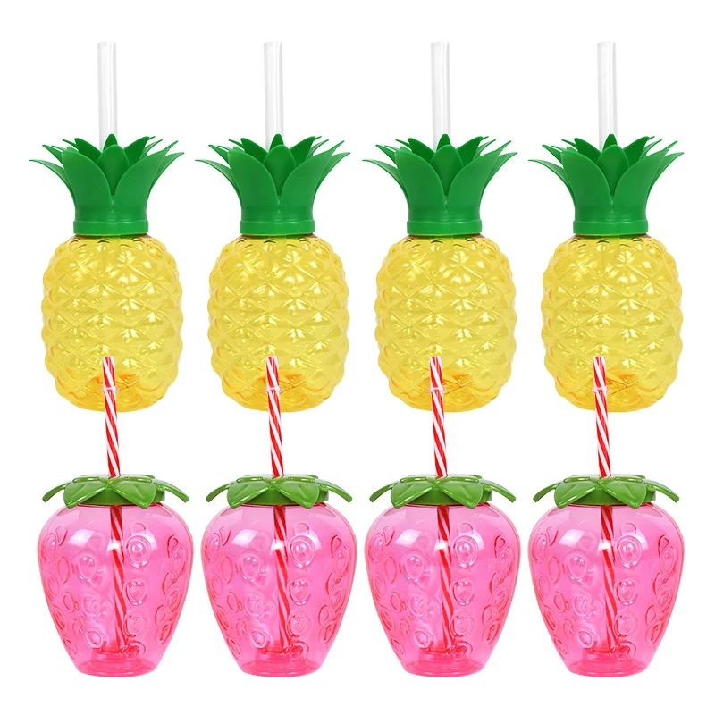 

8pcs Strawberry Pineapple Drinking Cup with Straw Hawaiian Tropical Birthday Party Decoration Summer Beach Pool Party Supplies