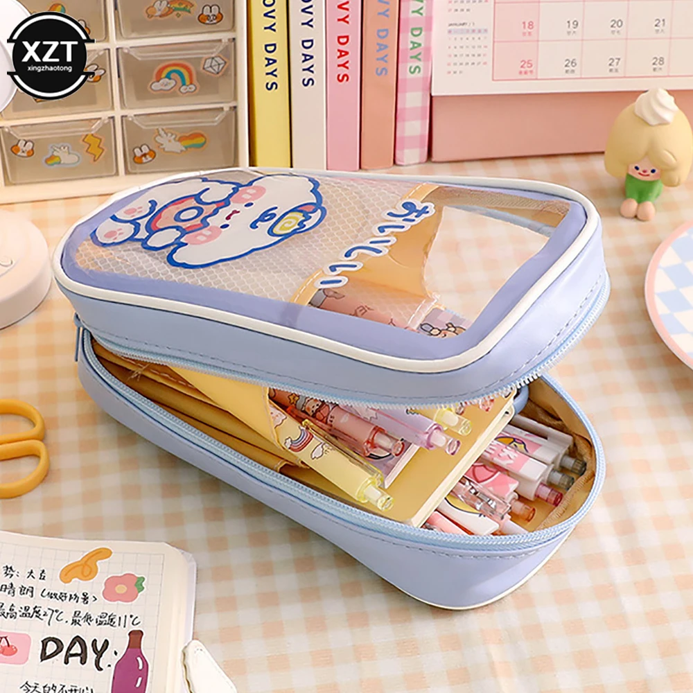 Ins Four Layers Large Capacity Cute Pencil Case Kawaii Waterproof Transparent Cosmetic Bag Boy Girl Birthday Gift