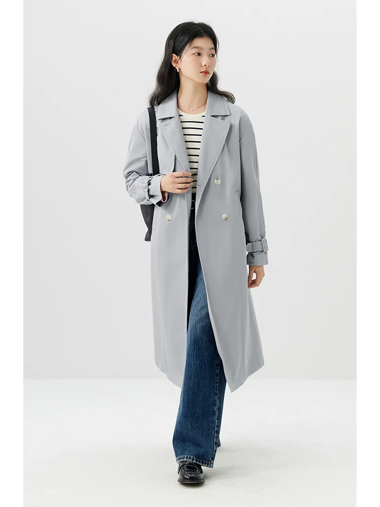 ZIQIAO semplice doppio petto lungo dritto primavera Trench manica Raglan colletto rovesciato femminile blu grigio Trench 24ZQ91232